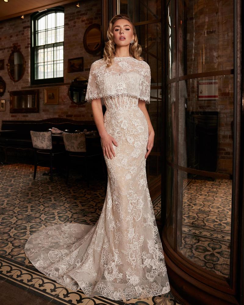 La22236 lace sheath wedding dress with a cape and strapless sweetheart neckline3